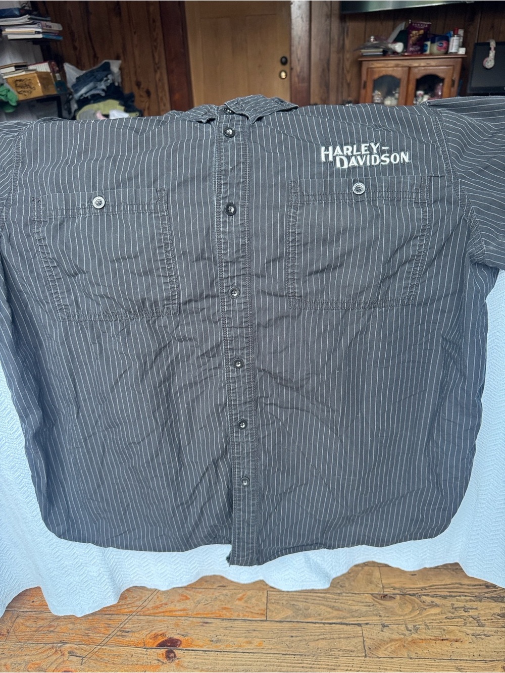 Harley-Davidson Black Pinstripe Short Sleeve Button-Down Shirt with White Logo - Picture 6 of 6